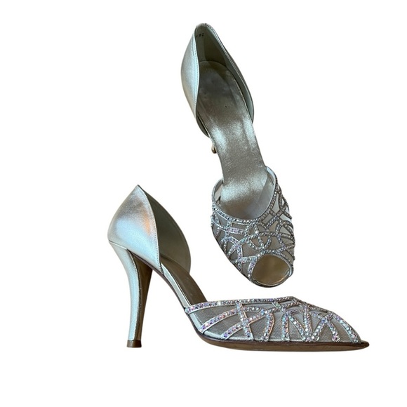 STUART WEITZMAN GLASSHOUSE HEELS PEEP TOE GOLD PAVE COLLECTION CINDERELLA 7.5M - Picture 1 of 12